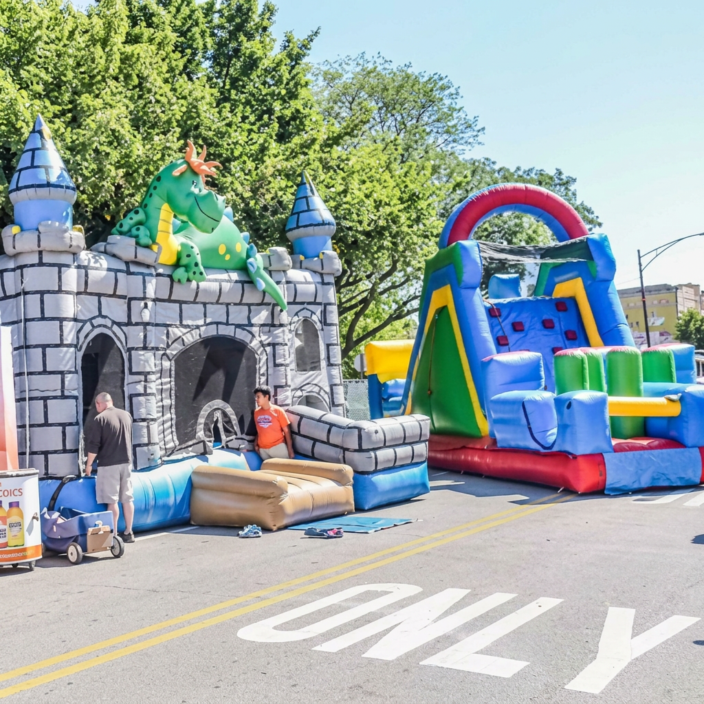 Inflatable bounce houses and slides in the kids' area at Throwback Music Fest