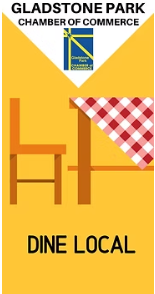 Dine Local banner with chair and checkered tablecloth illustration