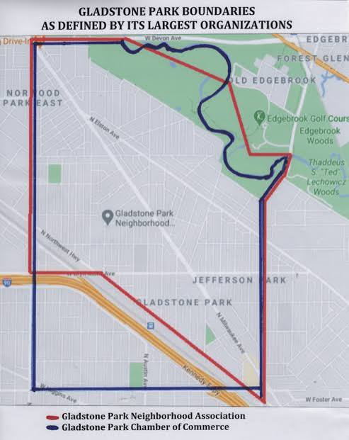 Gladstone Park boundaries map showing the neighborhood area defined by the Gladstone Park Neighborhood Association and the Gladstone Park Chamber of Commerce